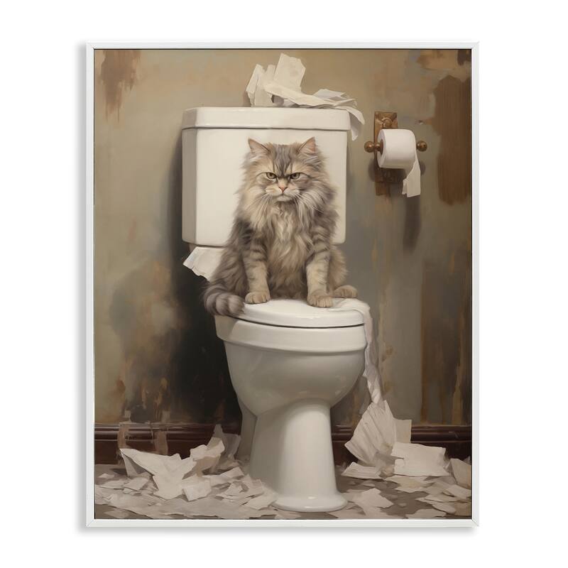 Stupell Cat & Torn Toilet Paper Framed Giclee Art Design By Arlington Prints - 24 x 30 - White