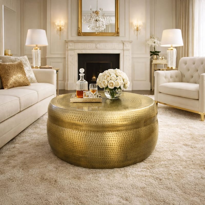 32 Inch Artisanal Round Drum Coffee Table, Hammered Embossed Texturing, Aluminum, Antique Brass - Brass - Aluminum