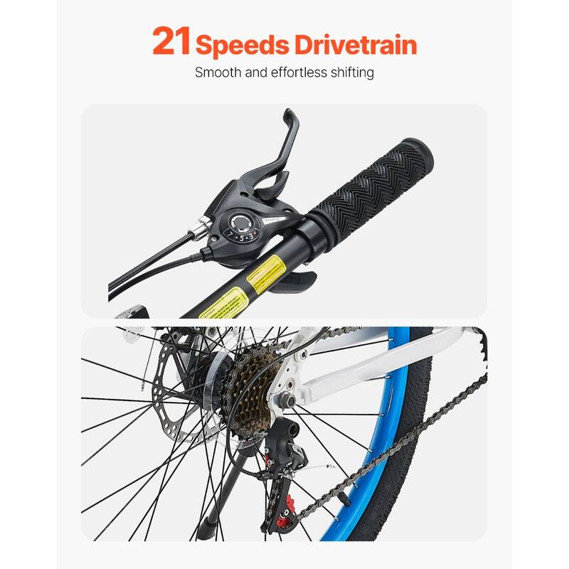 Black-Blue Aluminum Mountain Bike, 21 Speeds and Front Suspension - 67.7” L x 24.8” W x 39” H