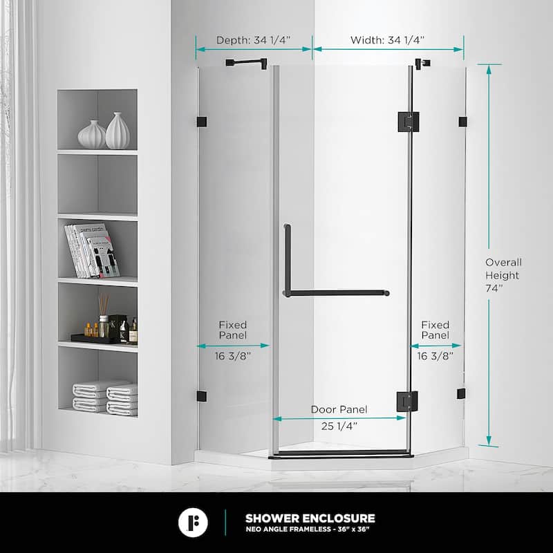 Neo Angle, Acrylic Shower Base with Compatible Glass Frameless Shower Enclosure