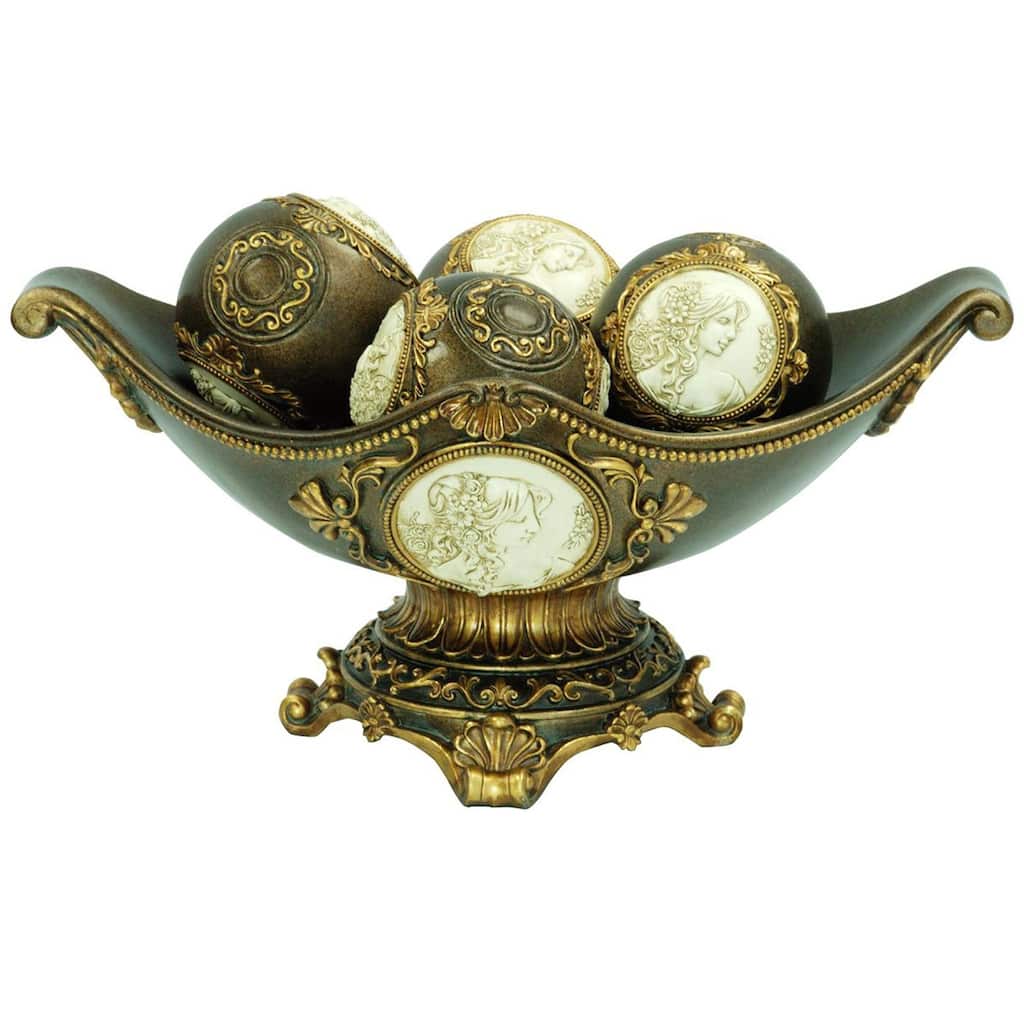 8" Bronze Polyresin Classical Greek Decorative Bowl With Orbs - 11.25 x 16.25 x 8