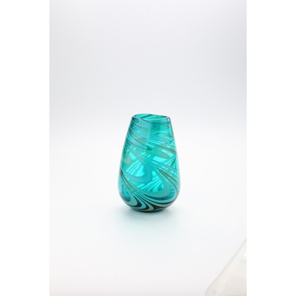 10.5" Blue and Green Swirled Hand Blown Glass Table Top Vase - N/A