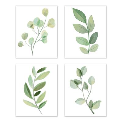 Floral Leaf Wall Decor Art Prints (Set of 4) - Green White Boho Watercolor Botanical Woodland Tropical Garden Single Flower