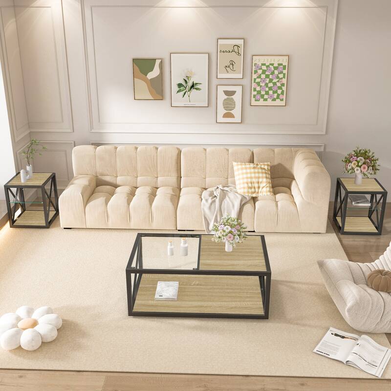 Modern coffee table, Tempered Glass&Natural Wood MDF Top,Industrial Style coffee table