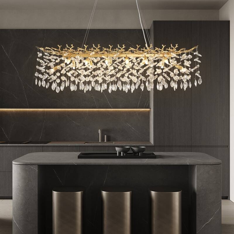 KAYLA 47.2" Modern 14-Lights Gold Luxury Crystal Linear Chandelier - 47.2in - Gold