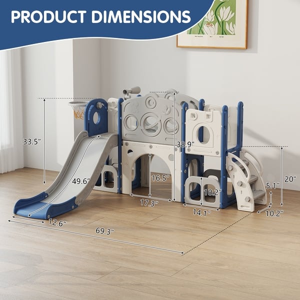 dimension image slide 0 of 2, 8 in 1 Toddler Slide, Indoor/Outdoor Playset & Slide, Kids Slide for Toddlers Age 1-3, Baby Slide with Basketball Hoop - N/A