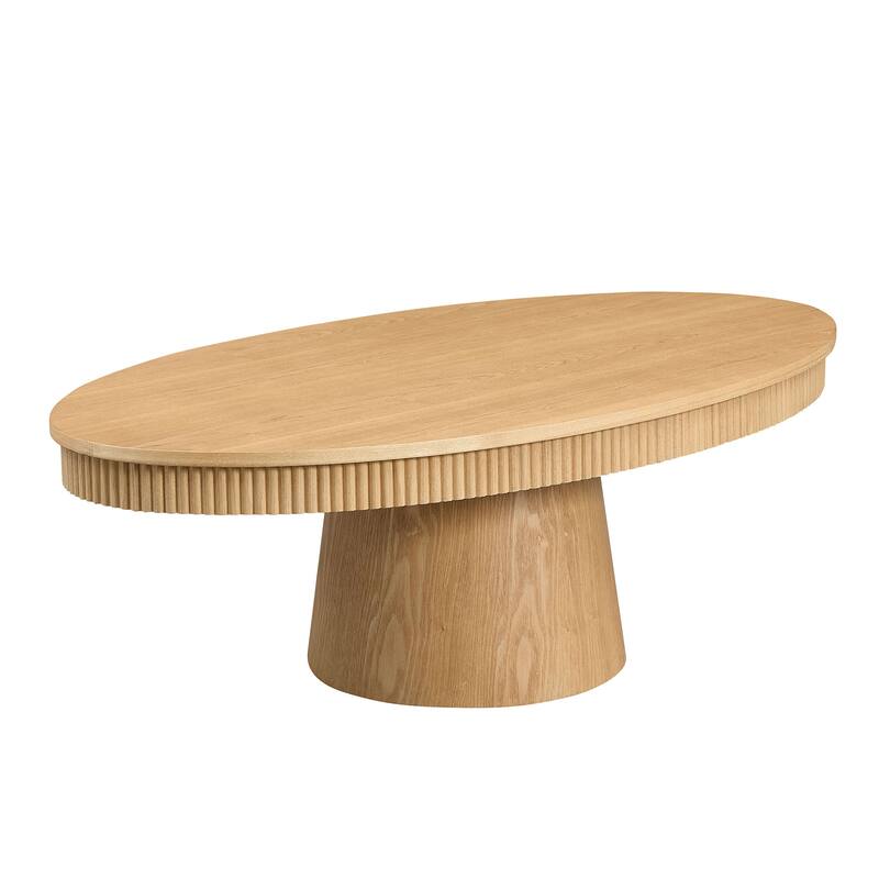 Ellipse Drum Accent Table Modern Oval Handcraft Coffee Table with Fluted Design and Sturdy Pedestal for Living Room
