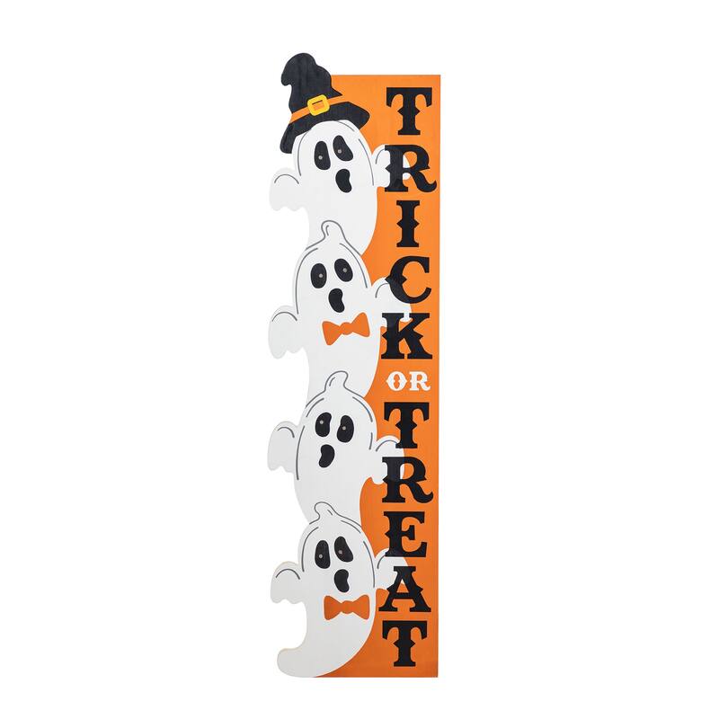 Glitzhome 42"H Lighted Halloween Wood Stacked Ghost with "Trick or Treat" Porch Sign w/Timer