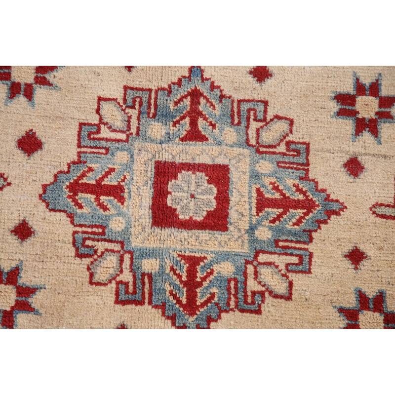 Red Geometric Kazak Living Room Area Rug Hand-Knotted Wool Carpet - 6'7" x 10'1"