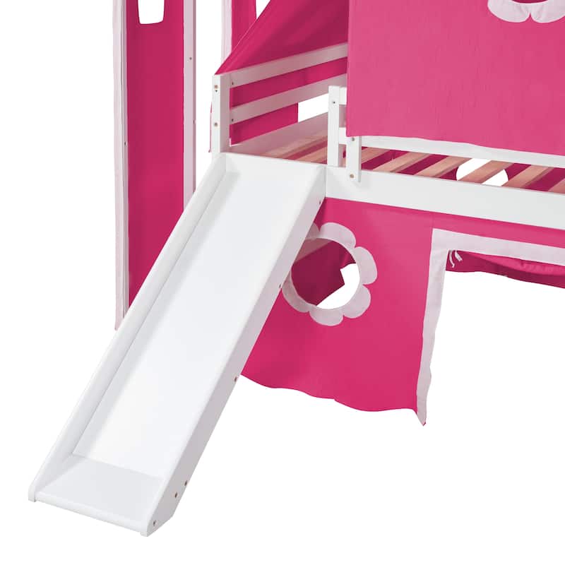 Playhouse Low Loft Bed with Slide, Pink Tent and Tower, Solid Pinewood Floor Bunk Bed Frame, Wooden Slats Support