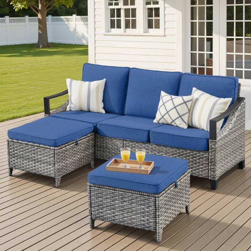 Pocassy Outdoor Sofa Swivel Patio Chair Table with Ottoman Set - Gray Wicker Blue Cushion - 3-Piece 3-Seat Sofa with Ottoman