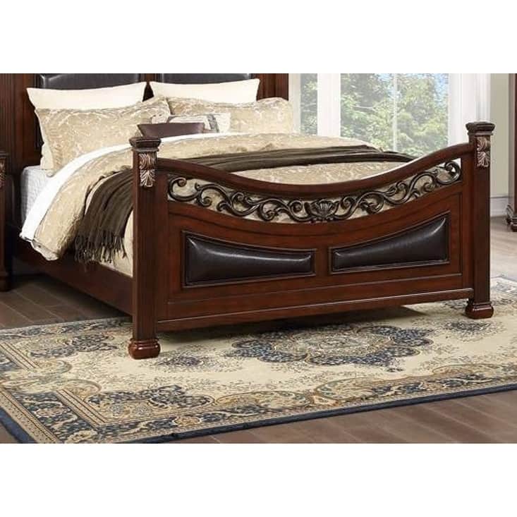 Traditional Style 1pc Bed Set Floral Design Bun Feet Dark Cherry Finish