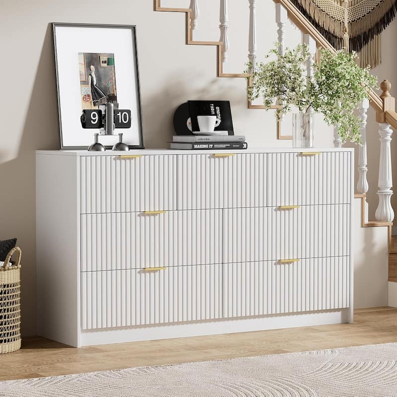 7 Drawer Dresser Fluted Wood Clothes Storage Cabinet, Modern Wide Dresser for Bedroom