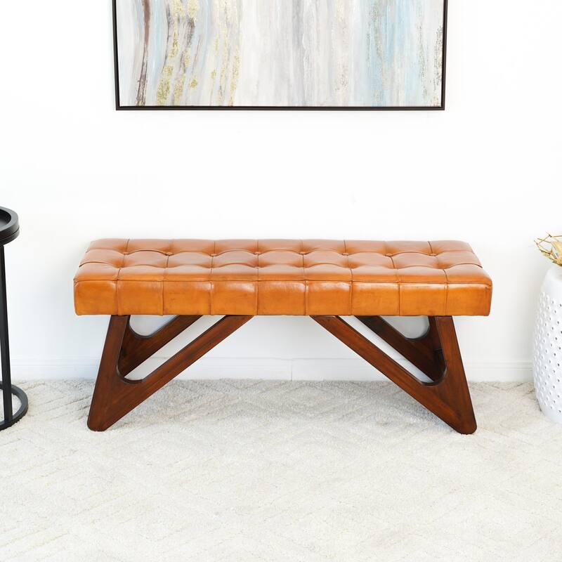 GDFStudio - Mia Modern Mid-Century 47" Genuine Leather Bench with Button Detail & Solid Wood Frame - 15.4"W