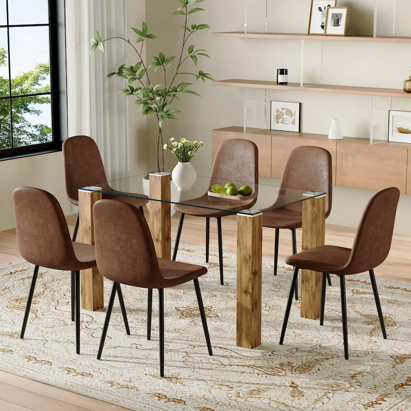 7-Piece Rectangular Dining Table Set, Modern 49.6" Glass Dining Table Set with 6 Fabric Armless Dining Chairs for Dining Room