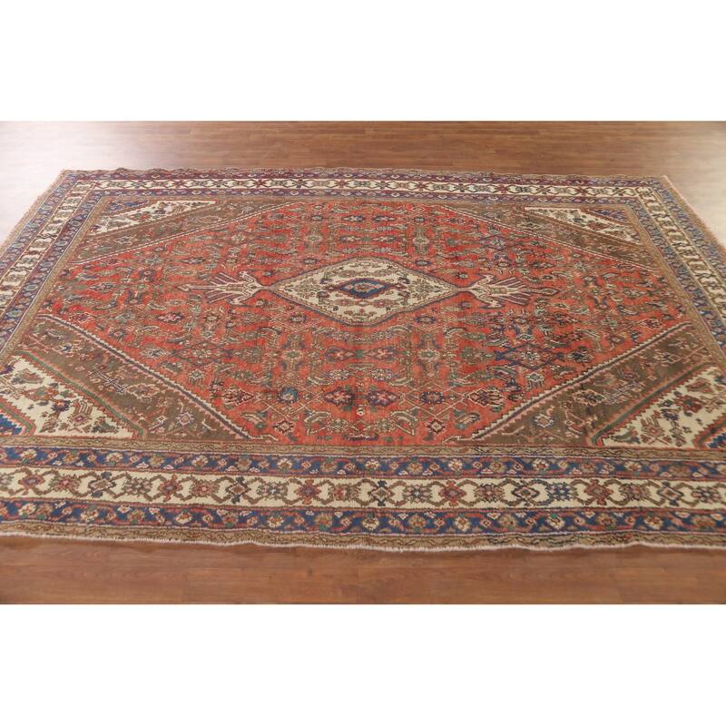 Geometric Hamedan Persian Vintage Area Rug Hand-Knotted Wool Carpet - 6'11"x 10'0"