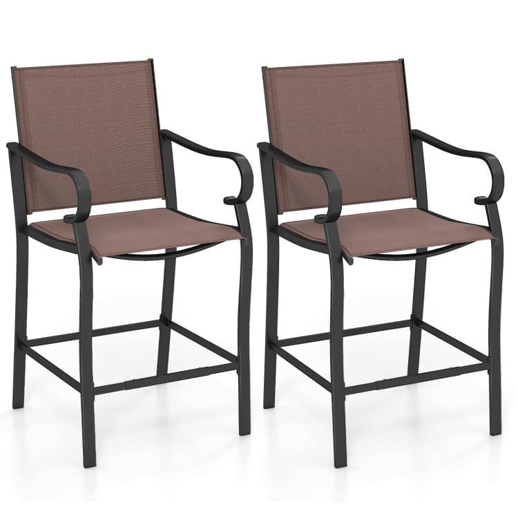 Brown and Black Fabric Metal Patio Bar Counter Height Stools Set of 2 with Ergonomic Design and Footrests - 24.5" x 23" x 44.5"