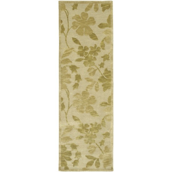 slide 1 of 1, Hand-knotted Green/Beige Floral Karur Semi-Worsted Wool Runner Area Rug - 2' 6" x 10' 2' 6" x 10' - Beige/Green - Runner/Rectangle