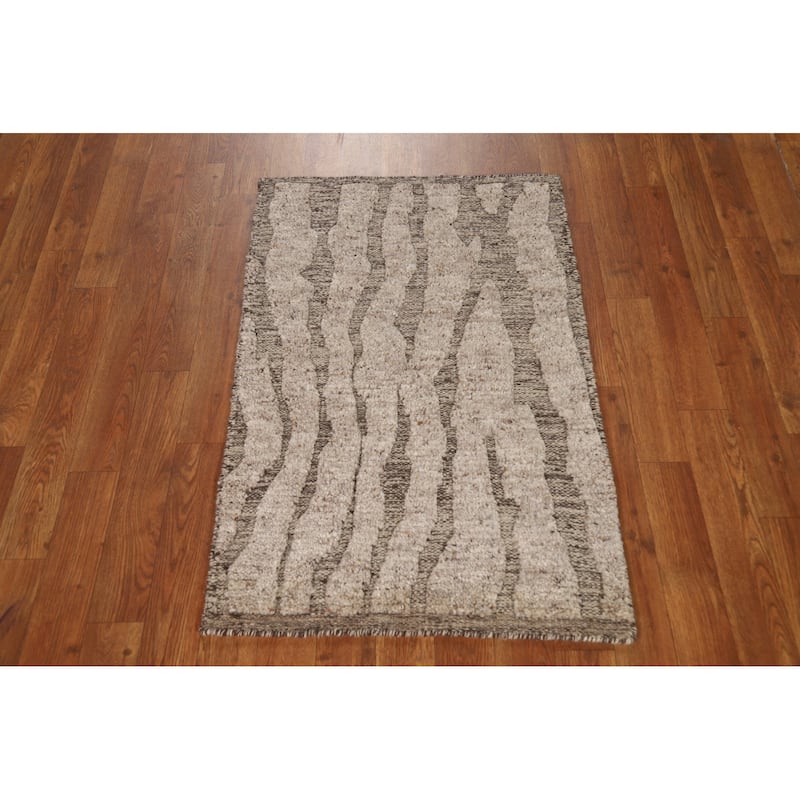 Moroccan Oriental Rug Hand-Knotted Beige Wool Carpet - 2'0"x 3'0"