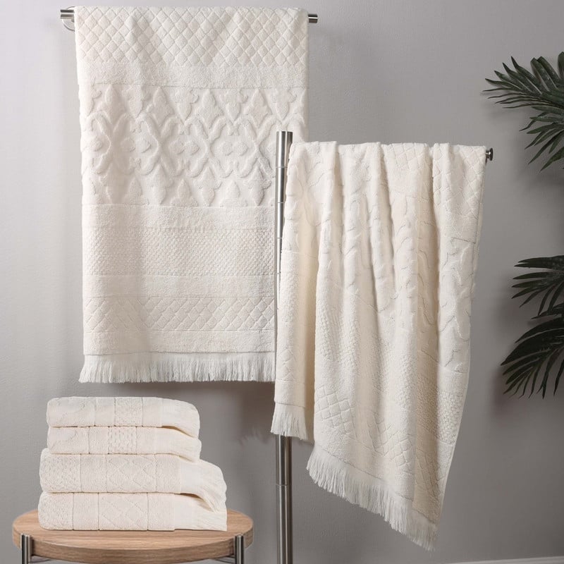 Superior Rolla Cotton Geometric Jacquard Plush Soft 6 Piece Towel Set - Ivory