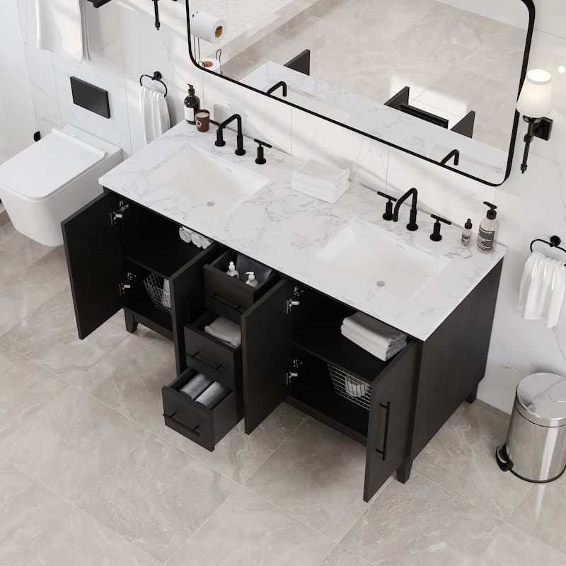 Graham 60"W Double Sink Bath Vanity with White Arabescato Engineered Stone Top