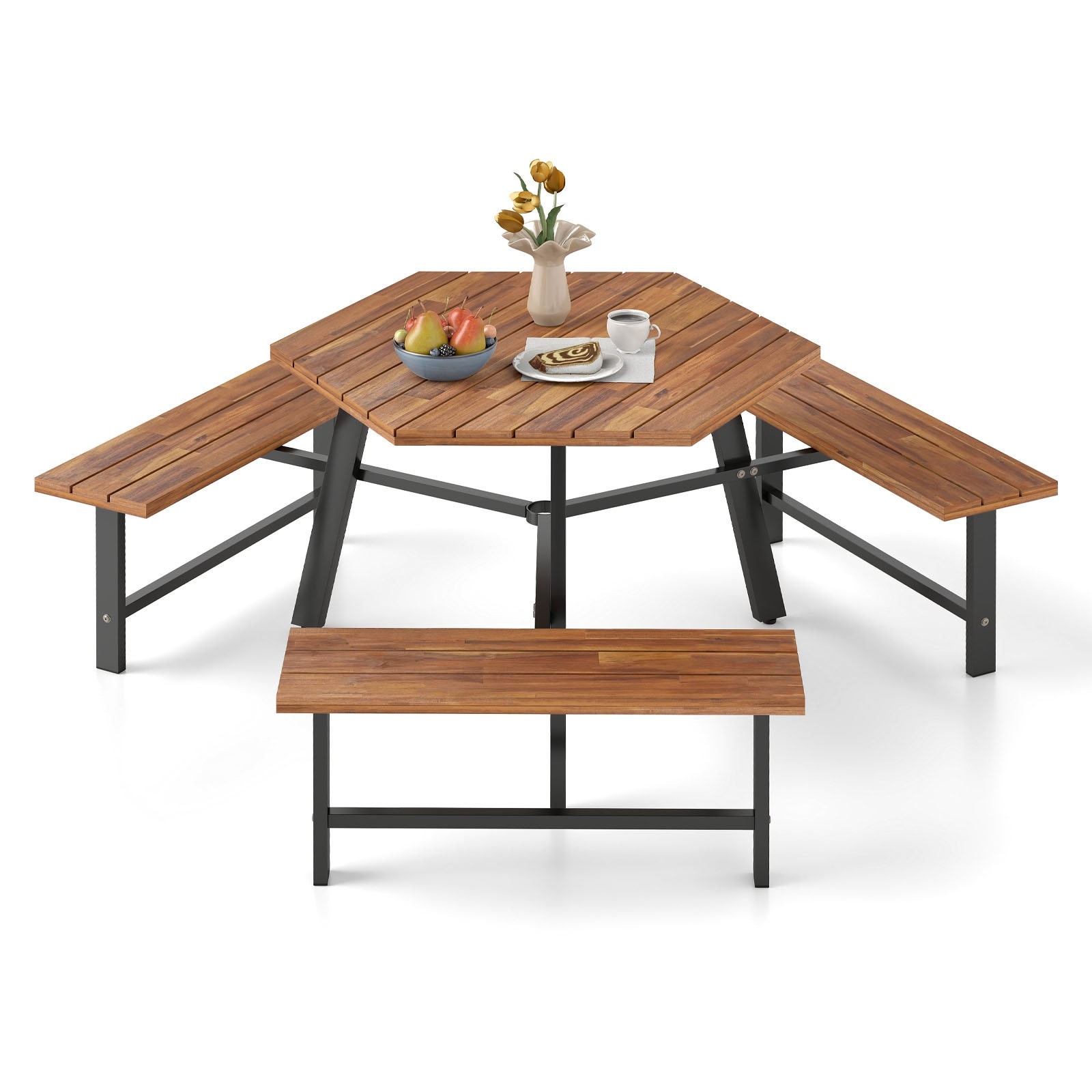 Gymax 6 Person Acacia Wood Picnic Table Bench Set w/3 Seats Umbrella
