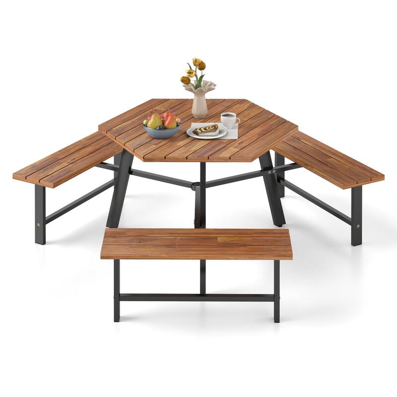 Gymax 6 Person Acacia Wood Picnic Table Bench Set w/3 Seats Umbrella - Brown, Black