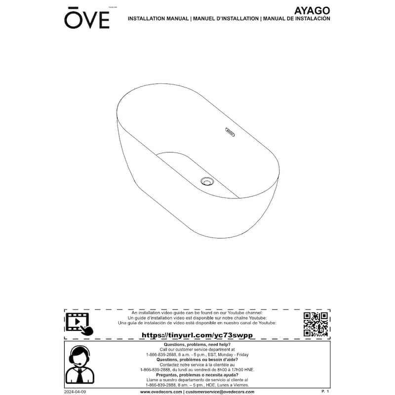OVE Decors Ayago 59 in. Seamless White Acrylic Freestanding Oval Bathtub