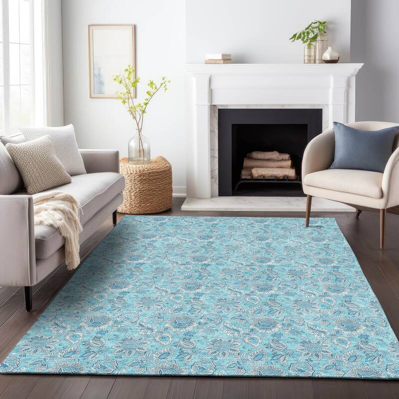 Premium Washable Super Soft Floral Modern Mayfield Rug - Aqua - 9' x 12' - Rectangle