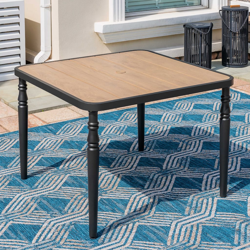 Patio Square Dining Table with Umbrella Hole, Wood-Grain Tabletop