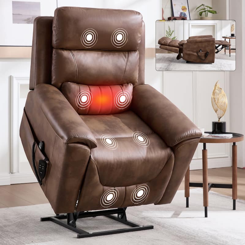350 Lbs Leatherair Power Lift Recliner Chair, Heavy Duty Motion Mechanism With 8-Point Vibration Massage And Lumbar Heating - Brown