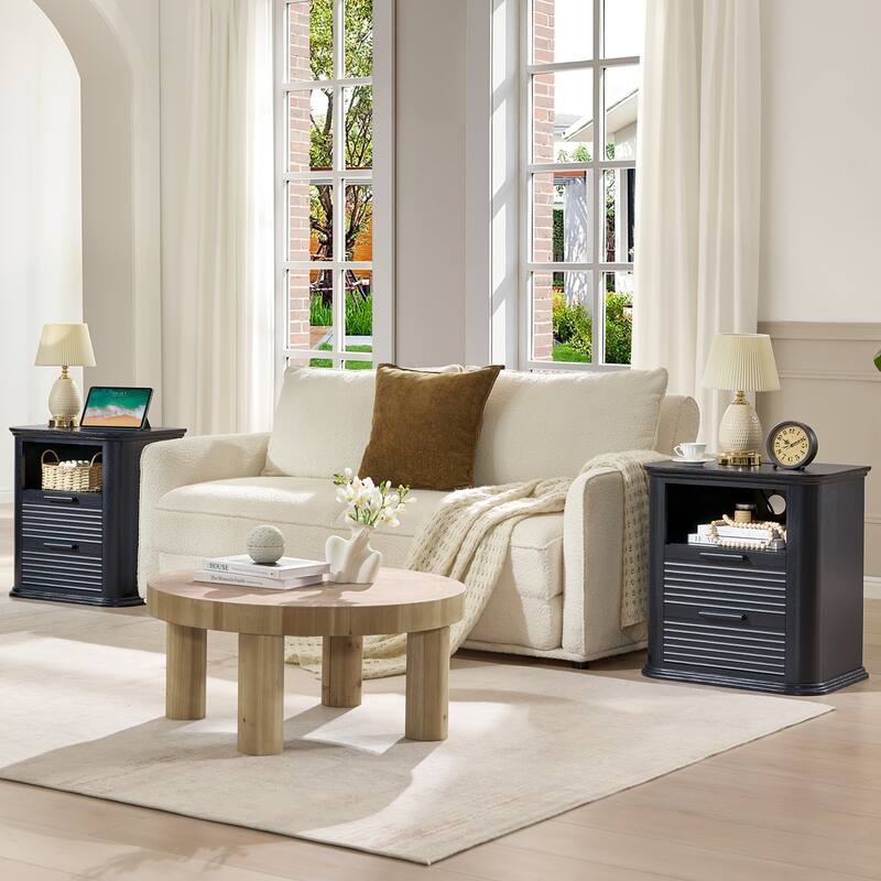 22" Fluted Night Stand with Charging Station, End Table with 2 Drawers & Open Storage, Side Tables Curved Profile Design