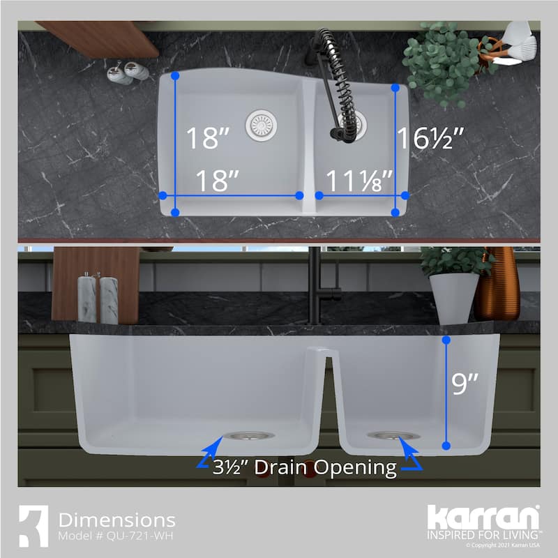 Karran Undermount Quartz 33 in. Double Bowl 60/40 Kitchen Sink with Bottom Grids and Strainers