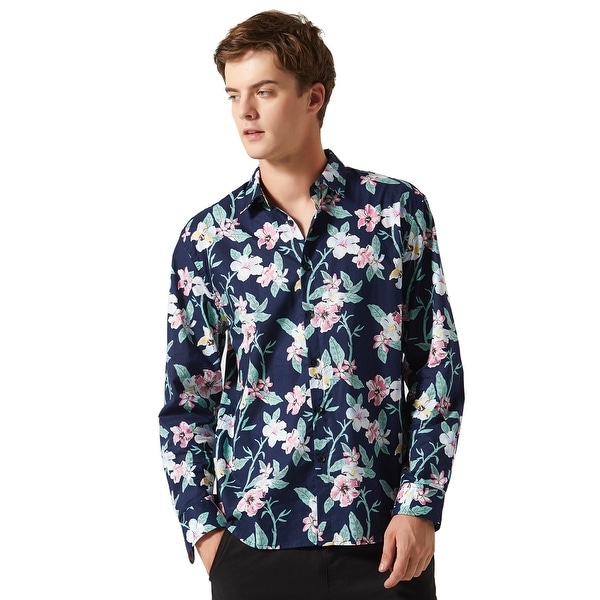 Men Hawaiian Floral Button Down Long Sleeve Aloha Tropical Flower Printed Shirt