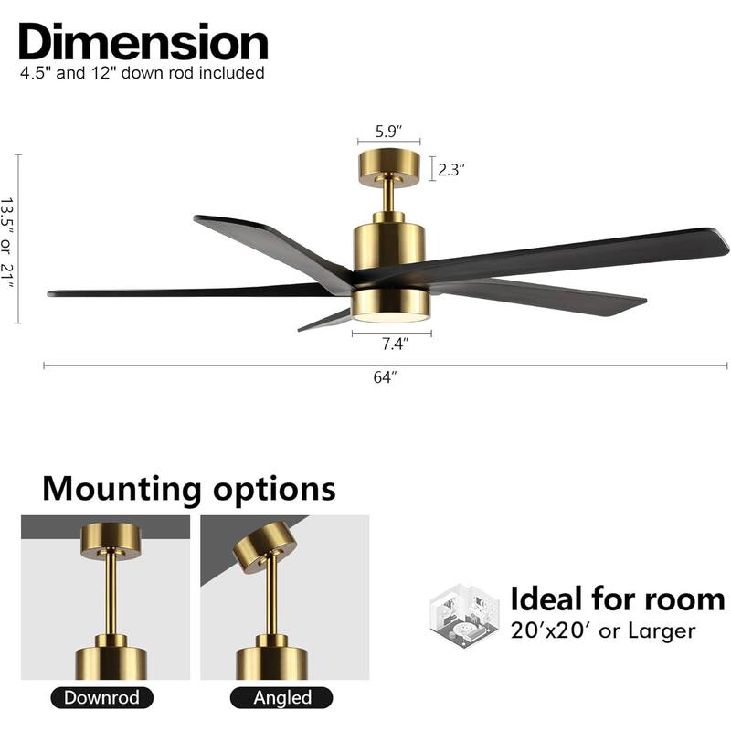 64 in. Gold Aero Blade Ceiling Fan with LED Light and Remote - 64"D x 64"W x 21"H