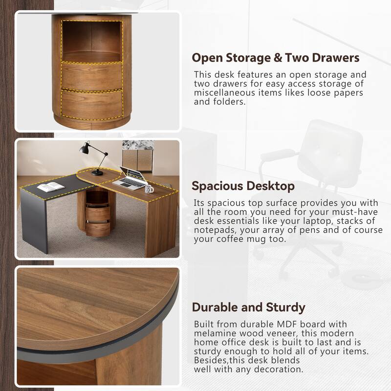 59"L Shaped Desk in Walnut with 2 Drawers,Open storage,360°Wood Rotating Desk,Executive Office Desk,Office Study Workstation
