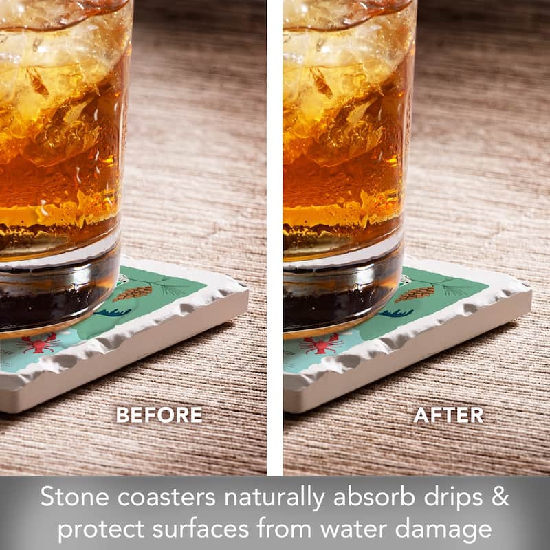 Maine 4-Pack Absorbent Stone Coasters with Protective Cork Backing 4" Square Made in The USA Artistic Easily Wipes Clean