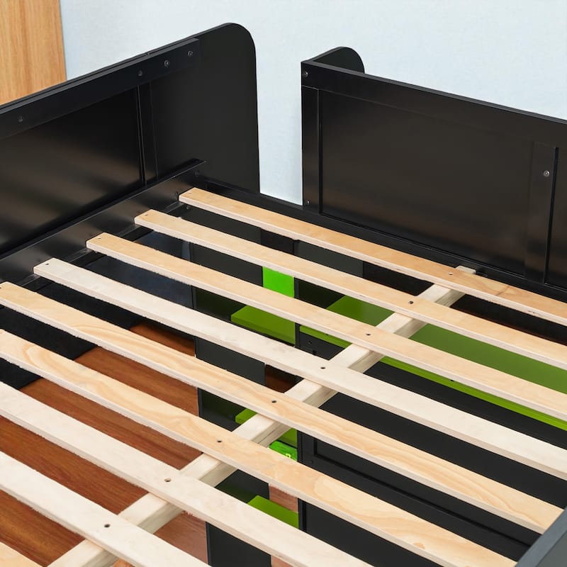 Full Size Wooden Bunk Bed with Adjustable Desk, Wardrobe Storage, USB & RGB Gaming Lights