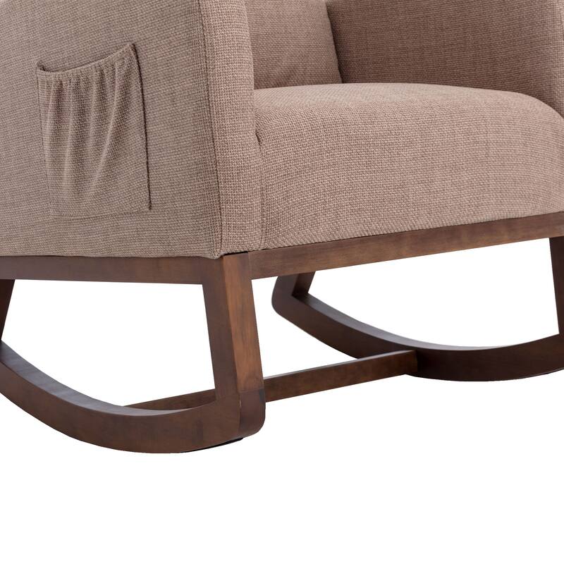 Linen High-Back Rocking Chair with Recliner Function, Side Pocket, and Solid Wood Legs