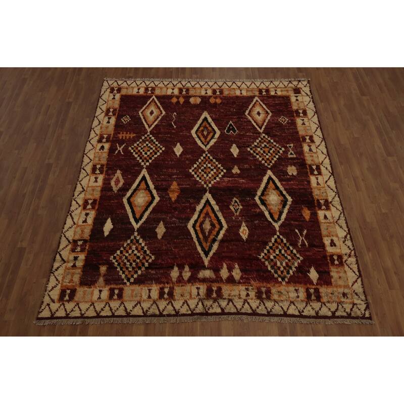 Hand Knotted Oriental 100% Wool Carpet Modern Tribal Red Moroccan Area Rug - 9' 10'' X 8' 3''