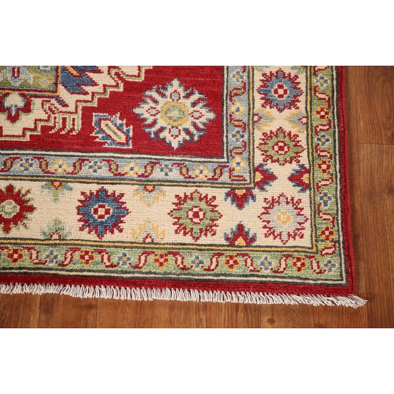 Red Geometric Kazak Oriental Accent Rug Handmade Wool Carpet - 3'6"x 4'9"