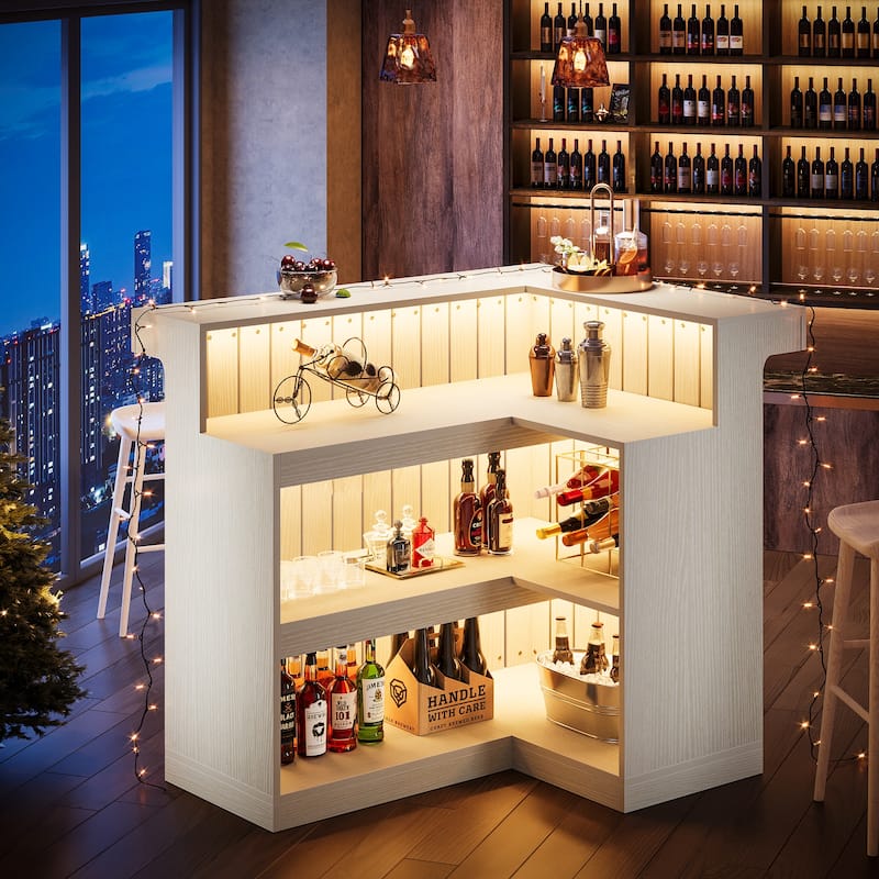 Home Bar Unit, Corner Liquor Bar Table with Storage Shelves & Wine Glass Holder, Pub Reception Accent Cabinet Desk