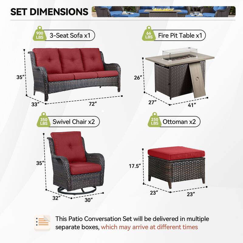 Gymojoy 6-Piece Outdoor Furniture Sofa Set with 2 Swivel Chairs, 2 Ottomans & 55K BTU Fire Pit Table