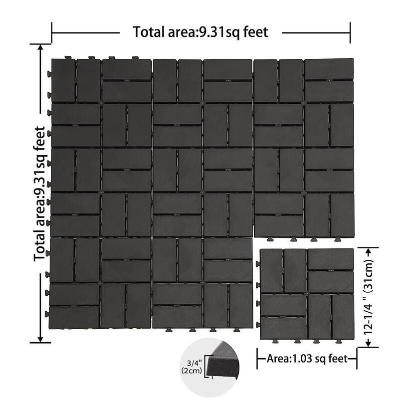 Patio Interlocking Deck Tiles, 12"x12"Square Composite Decking Tiles, Four Slat Plastic Outdoor Flooring Tile (Grey) - 12"x12"