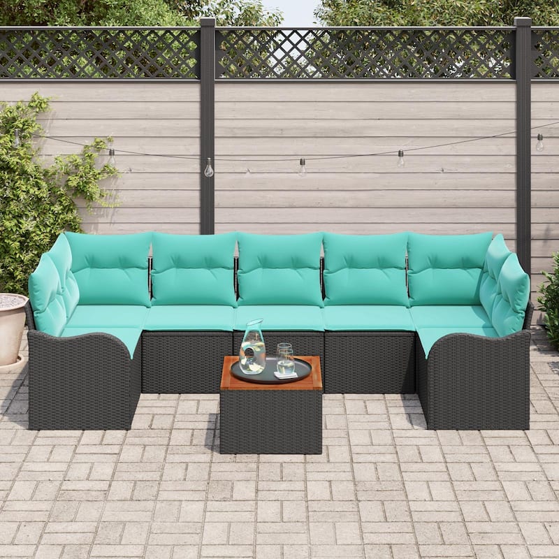 vidaXL 8 Garden Sofa Set with Cushions Black Poly Rattan - 113.8 x 48.2 x 27.2