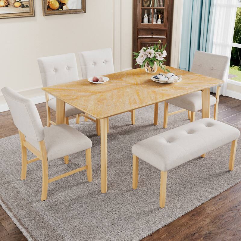 6 Piece Dining Room Table Set, Rustic Farmhouse Dining Room Rectangular Table with 4 Upholstered Chairs and Bench - Natural Wood Wash