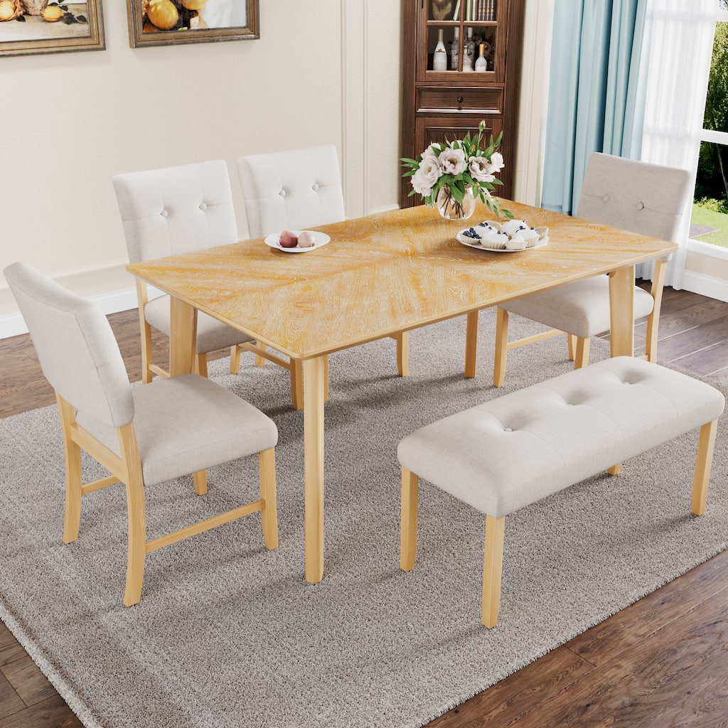 6 Piece Dining Room Table Set, Rustic Farmhouse Dining Room Rectangular Table with 4 Upholstered Chairs and Bench