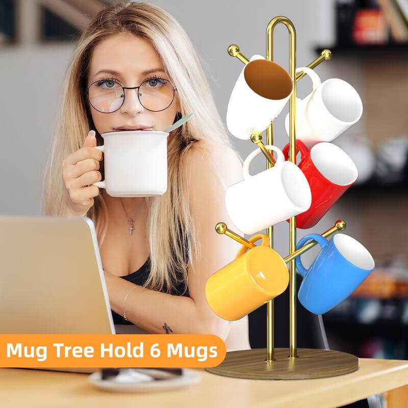 Mug Holder with Wood Base and 6 Hooks, Kitchen Coffee Mug Tree Countertop Tea Cups Holder Stand, Coffee Cup Dryer