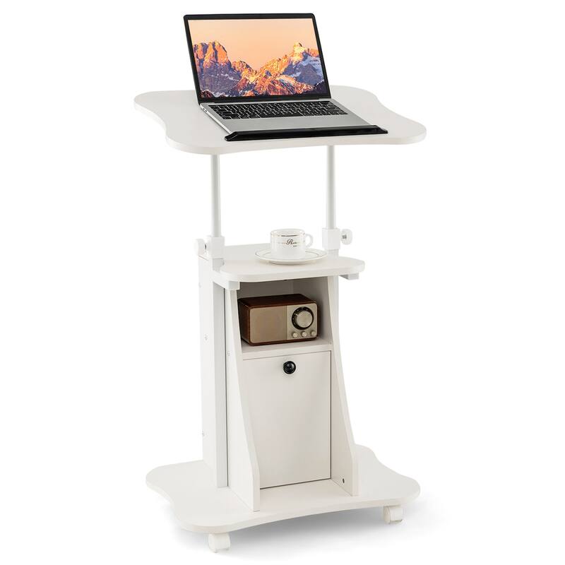 Costway Mobile Podium Stand Office Laptop Cart with Storage Adjustable - White - 21.5'' x 15.5'' x 27-45''