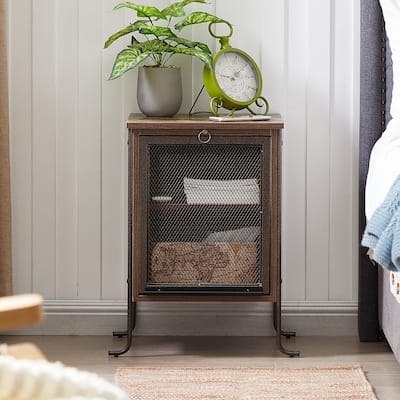 Modern Nightstand with Pull-out Shelf and Mesh Cabinet, Brown